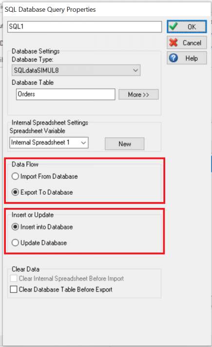 Database connection for exporting data